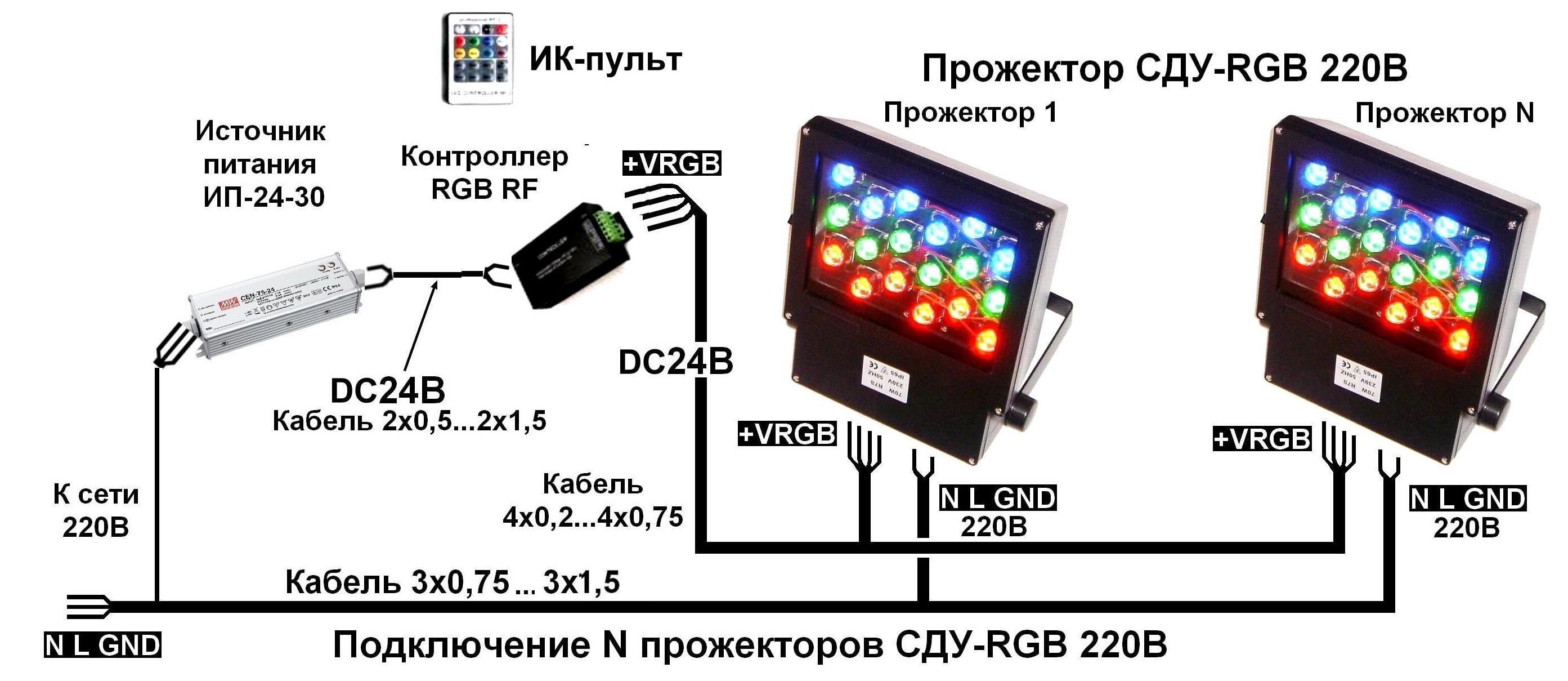 Как подключить светодиодный прожектор с тремя проводами